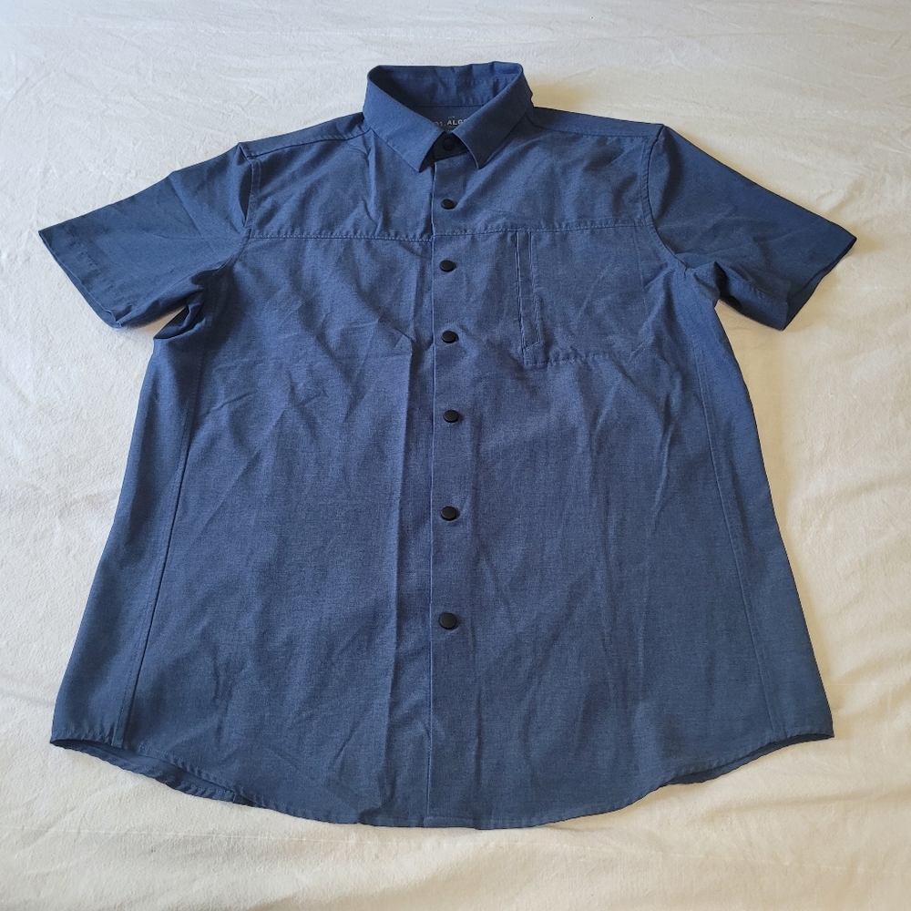 01.Algo Snap Front Shirt Mens L Blue Performance Slim Fit UV SPF 40 Quick Dry